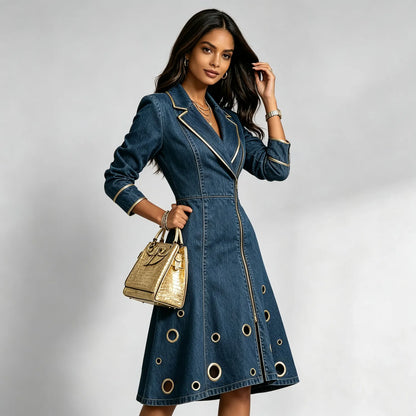 Women's Lapel Collar Contrast Piping Trim Zip Front Gold Metal Eyelet Decor Long Sleeve Denim A-Line Midi Dress