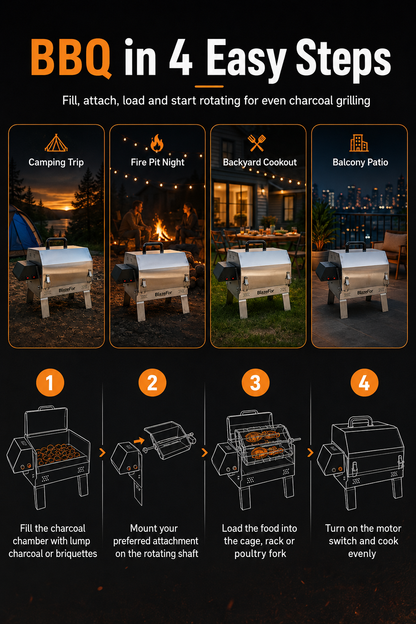 Automatic Rotating Charcoal Grill, 3-in-1 Stainless Steel Portable Barbecue Grill with Rotating Attachment