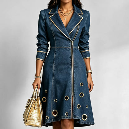 Women's Lapel Collar Contrast Piping Trim Zip Front Gold Metal Eyelet Decor Long Sleeve Denim A-Line Midi Dress